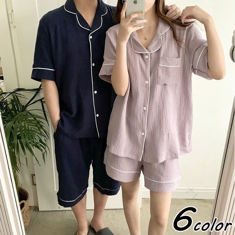 乐天商城 - カップルパジャマ S XXL ペアパジャマ 春夏 半袖ルームウェア ペアルック 前開き オシャレ コートン 上下セット レディース 可愛い 無地 綿 ギフト メンズパジャマ 部屋着 ペアセット ペ