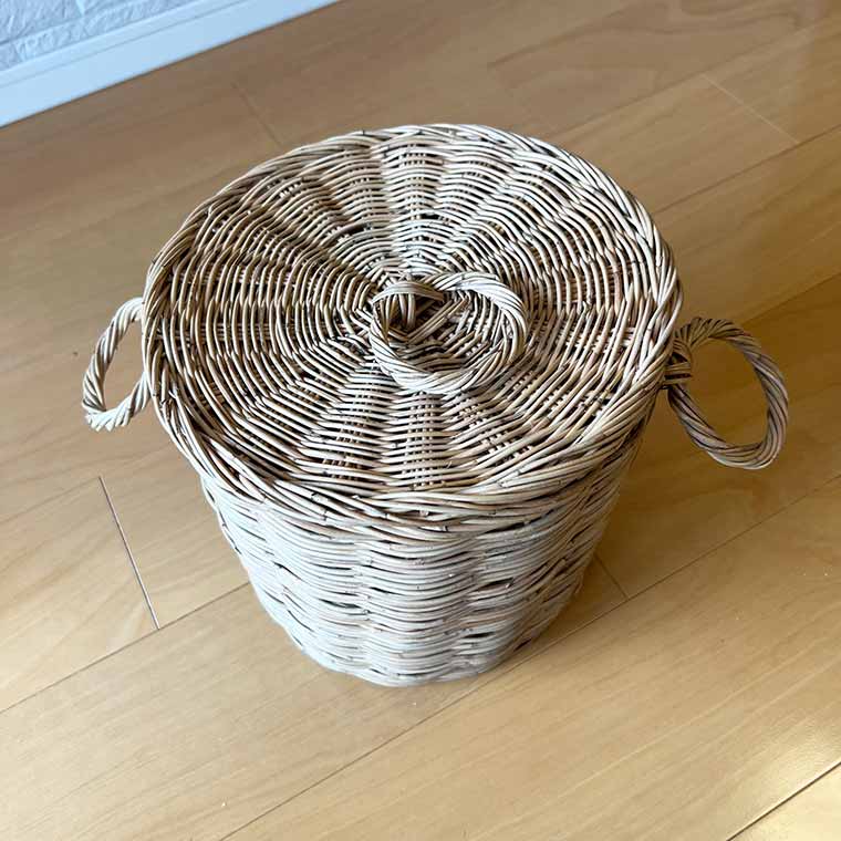 ラタン ふた付き バスケット 丸型 Lサイズ 持ち手付き 取手付き かご ふた付きのかご ふた付き ふた付きボックス カゴ シンプル 籠 天然素材 おすすめ 人気 おしゃれ カジュアル 母の日 ラタン 藤 収納 整理整頓 ラウンド型 サークル型 sdgs