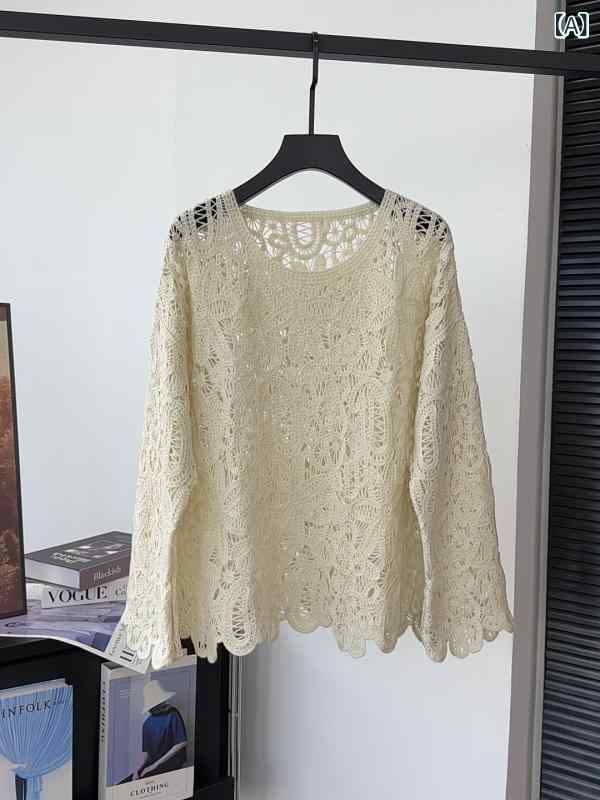 ニット セーター レディース カシミヤ 長袖 ラウンドネック ゆったり フレンチシック 花柄クロシェレース 透かし編み 秋冬 高級感 カジュアル ホワイト アプリコット(x2)