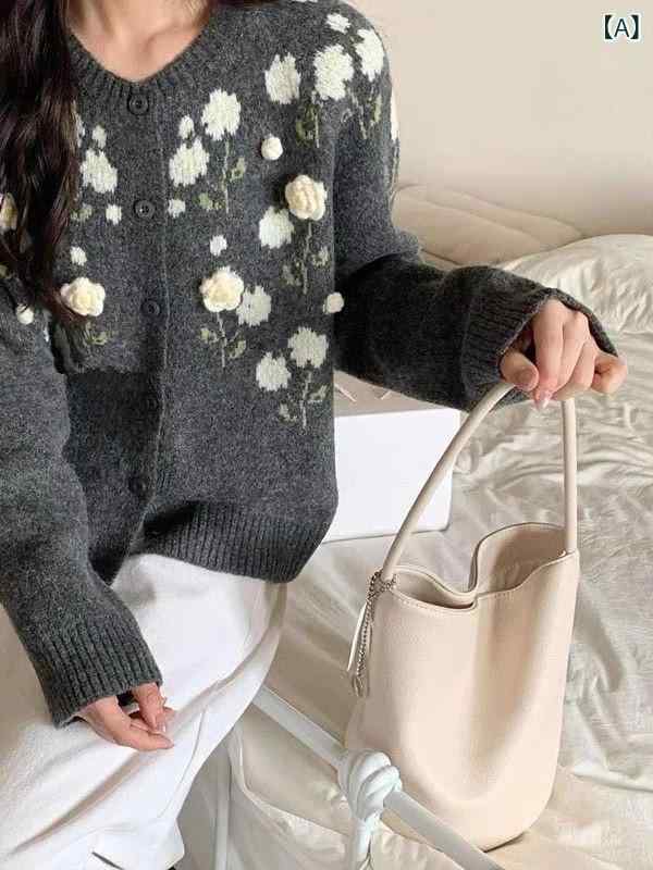 カーディガン レディース 花柄 刺繍 ニットトップス 長袖 ゆったり 初秋 ふんわり おしゃれ きれいめ クルーネック ミドル丈 オフィス ..