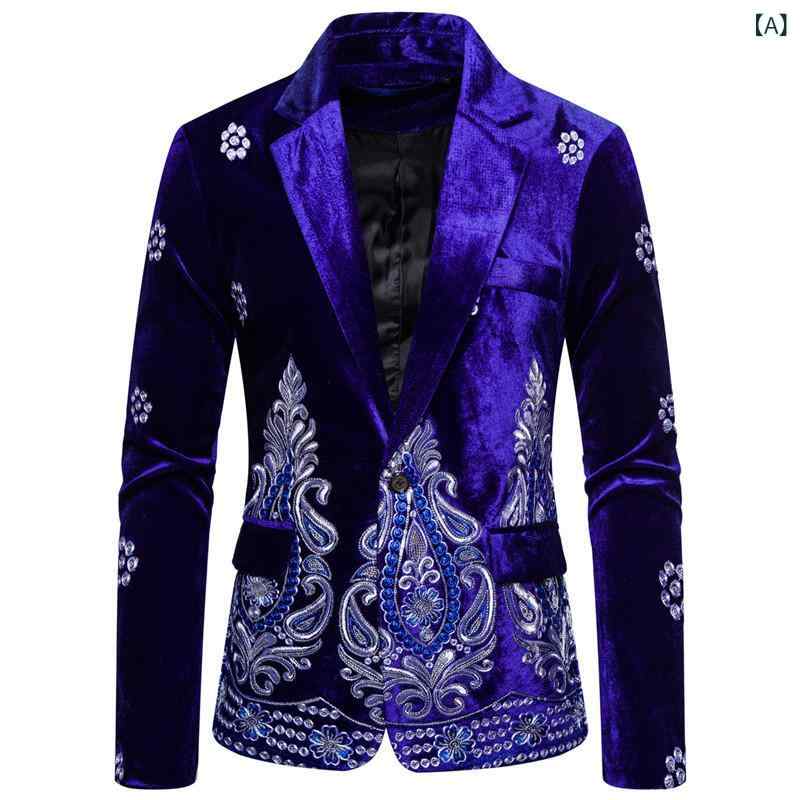 メンズスーツ 男性用 カジュアルフォーマル パーティー ディナー 結婚式 披露宴 礼服 ビジカジ 銀糸刺繍 テーラードジャケット シングルボタン 形態安定 春秋 ポリエステル混紡 ブルー ブラック ボルドー