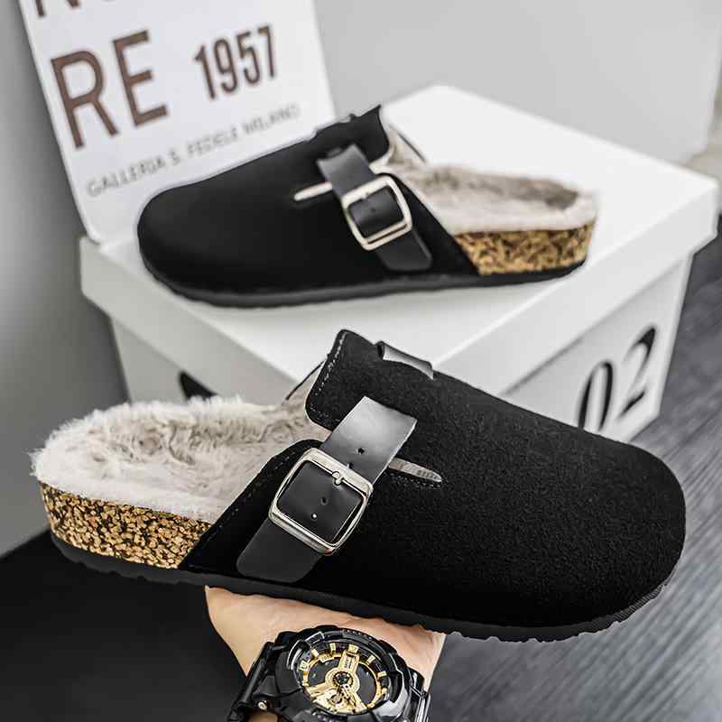 サンダル メンズ 男性用 裏ボア 防寒 あったか つま先あり 包頭 スリッポン クロッグ ルームシューズ オフィス履き 室内履き カジュアル 普段使い スエード調 フェイクレザー 秋冬 ベージュ ブラウン ブラック