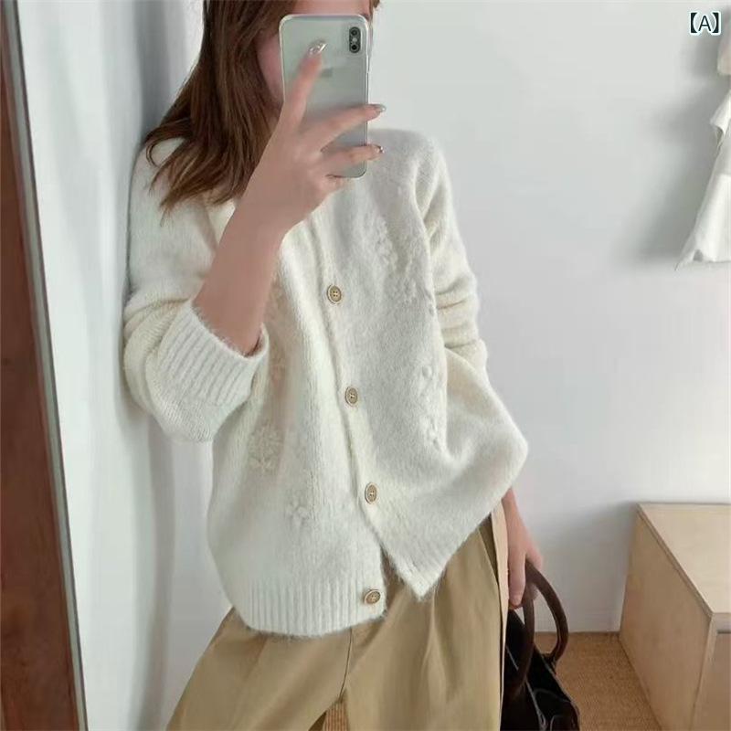 乐天商城 - ニットカーディガン レディース 女性用 クルーネック 長袖 やわらか 立体刺繍 花柄 フラワー ルーズ ゆったり 韓国ファッション トレンド 秋冬 セーター アウター 羽織り 通勤 オフィス カジュアル ホワイト ピンク グリーン イエロー