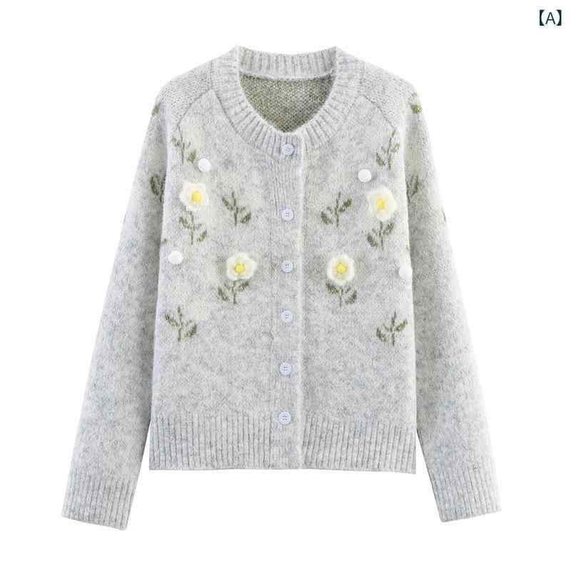 ニットカーディガン レディース 立体花柄 ラウンドネック 丸首 シングルボタン 前開き ゆったり ルーズフィット 体型カバー フェミニン 大人かわいい 秋冬 羽織り 普段使い お出かけ ポリエステル ニット素材 グレー系(4)
