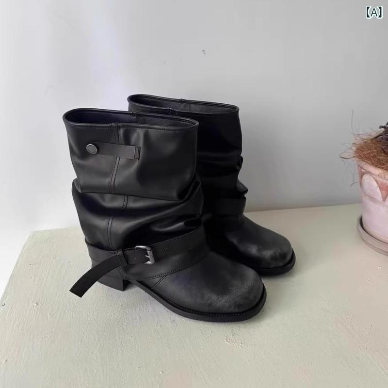 ブーツ レディース 牛革 幅広筒丈 クシュクシュ ルーズ ウエスタン ジョッキー 太ヒール チャンキーヒール ミドルヒール 厚底 ラウンドトゥ ミドル丈 ブラック レトロ ヴィンテージ スタイルアップ 脚長効果 普段使い お出かけ プルオン