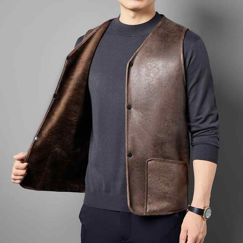 ベスト メンズ スエード調裏ボア ジレ 男性用 ミラードカラー ブラウン系 カーキ風 ウェスタン レトロ ヴィンテージ ワークスタイル カジュアル 防寒 保温 ポリエステル