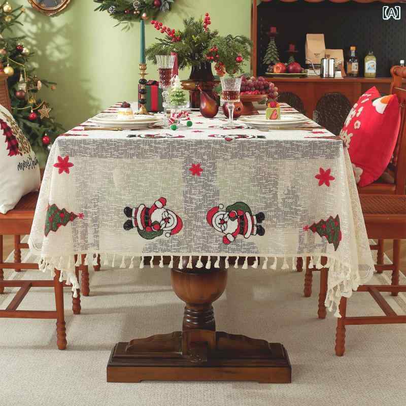 テーブルクロス 欧米風 クリスマス パーティー イベント 装飾布 センタークロス 長方形 ファブリック 刺繍 サンタクロース柄 クリスマスベル柄 音符柄 滑り止め 耐久性 防塵 おしゃれ