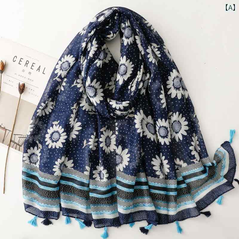 ショール エスニック ボヘミアン レトロ ひまわり 花柄 フリンジ ストール スカーフ ネイビー 保温 日よけ ポリエステル 植物柄 フェミニン リゾート かわいい