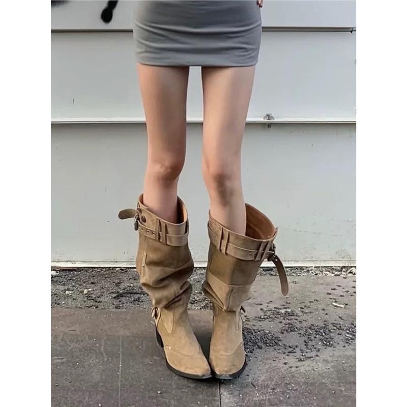 ウエスタンブーツ レディース ロング丈 羊革 本革 レトロ クラシック ポインテッドトゥ 太ヒール チャ..