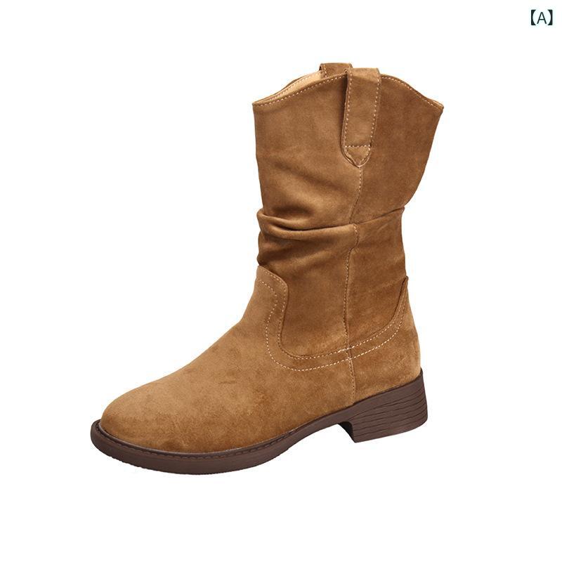 ウエスタンブーツ レディース 牛革 スエード 本革 レトロ ヴィンテージ ダメージ シワ加工 太ヒール ラ..