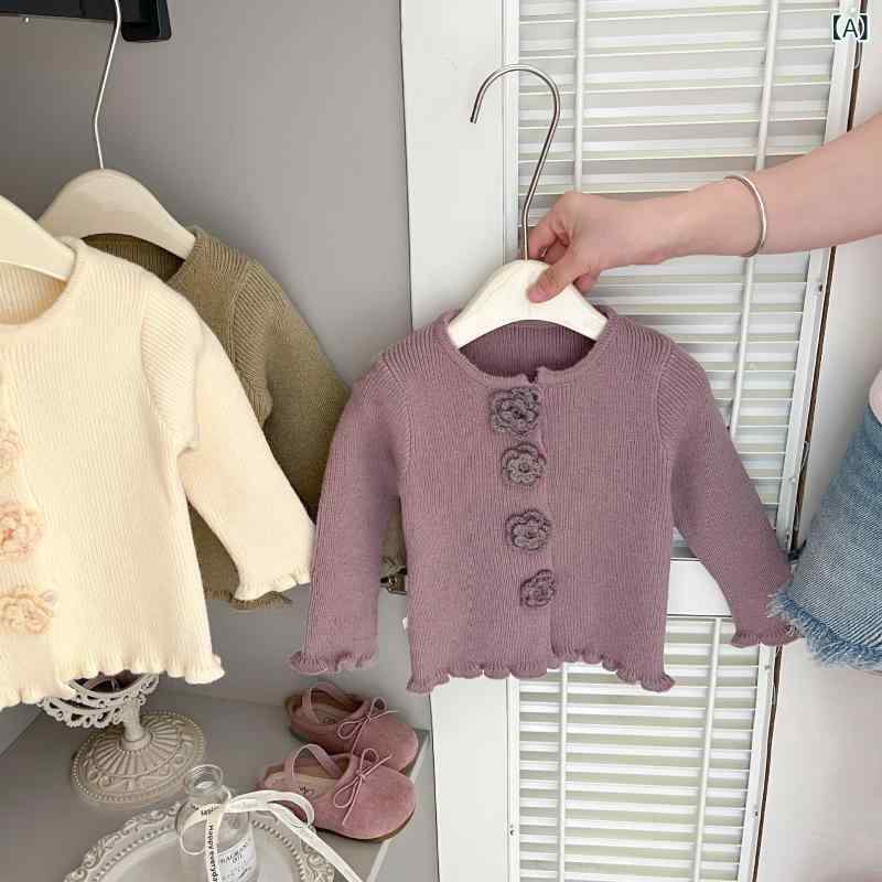 ニット カーディガン ベビー 女の子 春秋 フレンチ スウィート ガーリー おしゃれ 立体 花柄 アクリル ..
