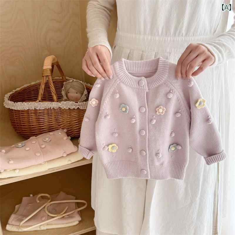 カーディガン 女の子 ガールズ 子供服 ニット 秋冬 韓国風 立体フラワー 花柄 前開き ボタン アウター ..