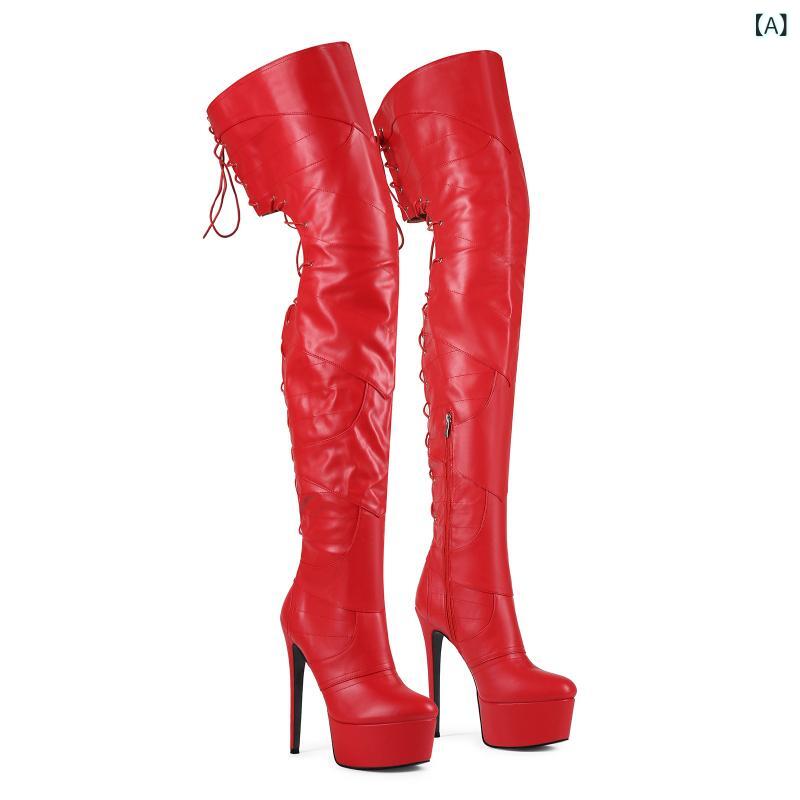 ニーハイブーツ サイハイブーツ レディース 大きいサイズ 超高ピンヒール プラットフォーム 厚底 ストラップ サイドジップ ラウンドトゥ PUレザー 赤 欧米風 セクシー パーティー 宴会 ドレスアップ 秋冬