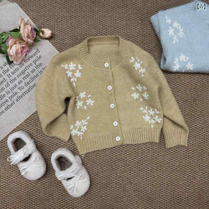 ニットカーディガン 女の子 キッズ 韓国風 立体 手刺繍 花柄 秋冬 クルーネック 長袖 やわらか ポリエ..