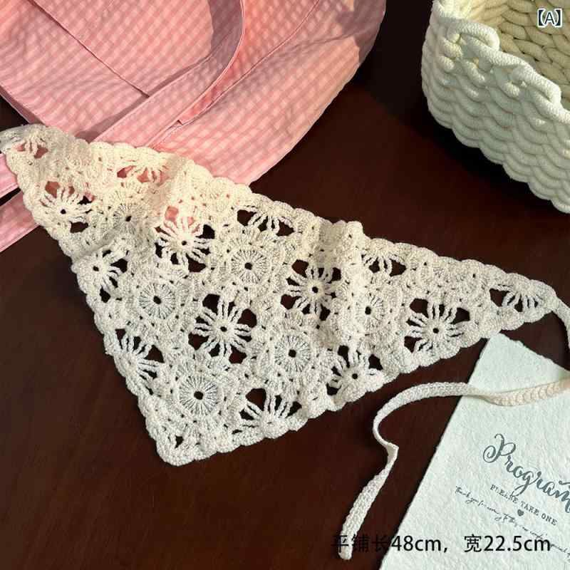 For Women - ヘッドスカーフ レディース フレンチスタイル 花柄 ニット ヘアバンド バンダナ 三角巾 スカーフ 髪飾り かわいい おしゃれ 韓国風 かぎ針編み 刺繍 レース 高級感 春夏 ベージュ ピンク ブルー グリーン