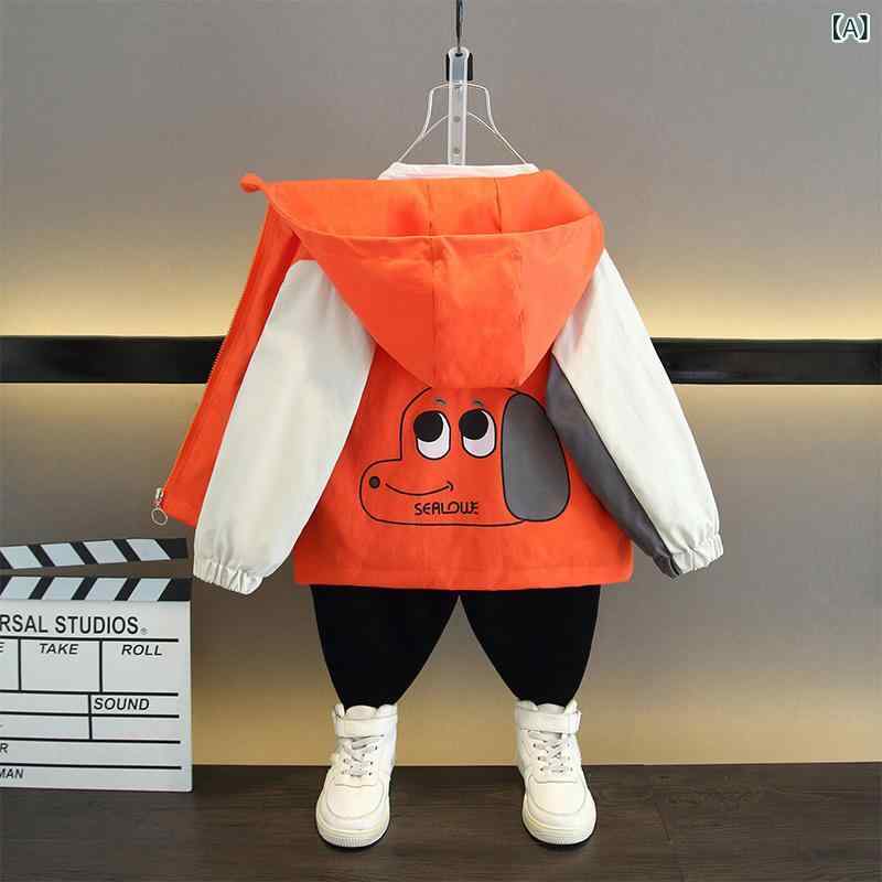 ジャケット 男の子 キッズ 男児 中小サイズ 小学生 幼児 長袖 春秋 フード付き フルジップ ポリエステル 柔らかい キャラクター総柄 カジュアル 韓国風 オレンジ グリーン