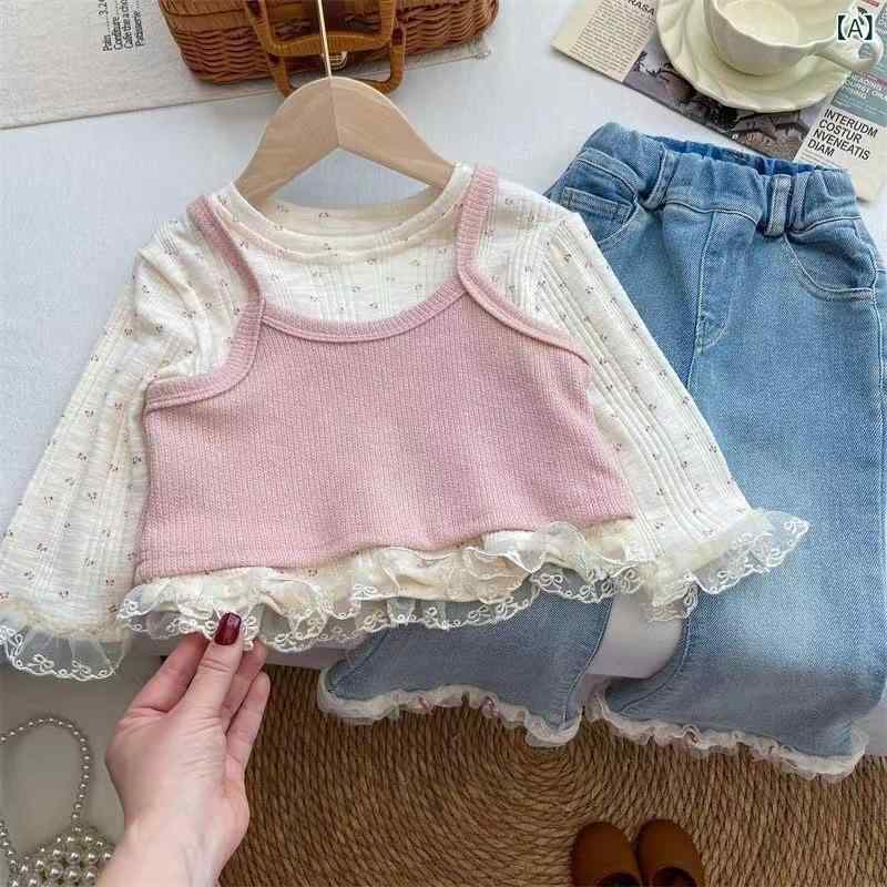 トップス 女の子 キッズ 子供服 春秋 長袖 Tシャツ キャミソール 2点セット アンサンブル 小花柄 ラウンドネック かわいい おしゃれ ファッション 綿 柔らかい肌触り 普段使い 通学着 ピンク系