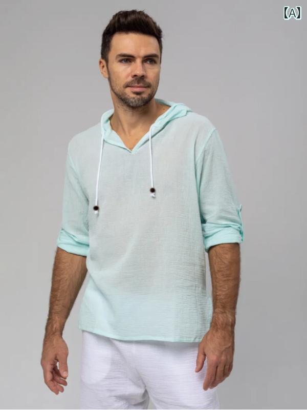 ・カテゴリ: シャツ・スタイル: 欧米風・主な素材: 綿麻（綿90%）・機能: 通気性・生地番手: 120番手・デザイン: プルオーバー・フィット: ルーズフィット・ネックライン: フード付き・袖丈: 長袖・柄: 無地・厚さ: 薄手・デザイン詳細: トップステッチ・対象年齢層: 24～35歳・適用シーン: 日常・カラー展開: ライトグリーン、イエロー、ホワイト・サイズ展開: S、M、L、XL、XXL・適合シーズン: 春秋・加工: パッチワーク、切り替え・対象性別: 男性