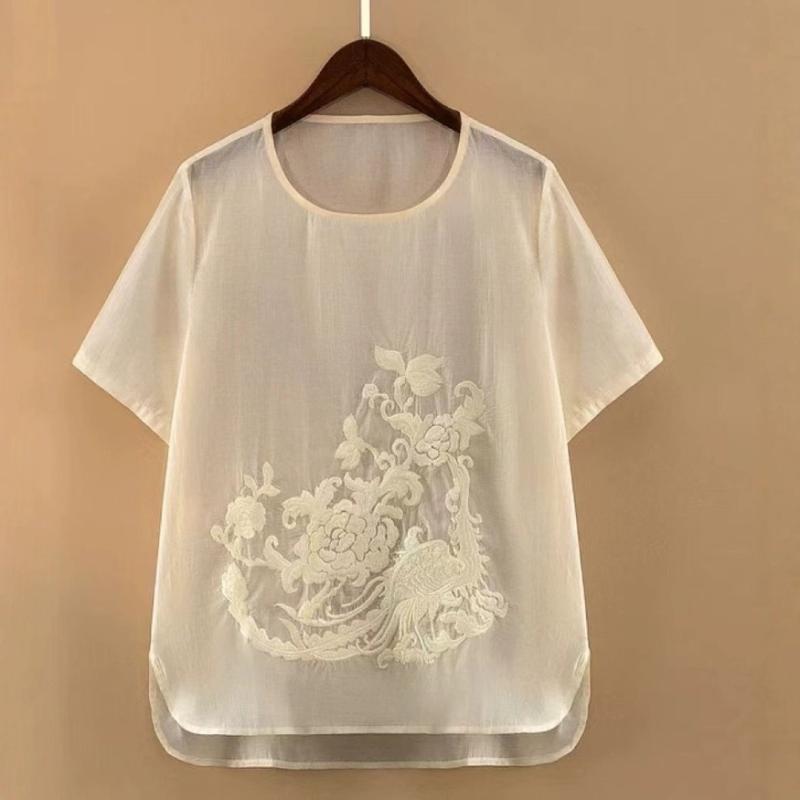 Tシャツ レディース 女性用 春夏 中華風 エスニック 刺繡 クルーネック 丸首 長袖 レギュラーフィット 香雲紗 シルク 桑蚕糸 プルオーバー カットソー レトロ アンティーク風 普段使い カジュアル アイボリー ピンク イエロー系