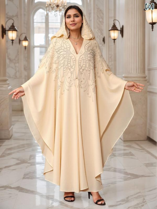 カフタン レディース ドバイ風 トルコ風 開襟 ローブ ロング丈 シフォン ポリエステル ゆったり ビッグシルエット ビーズ装飾 ドルマンスリーブ ヘッドスカーフ付き 春夏