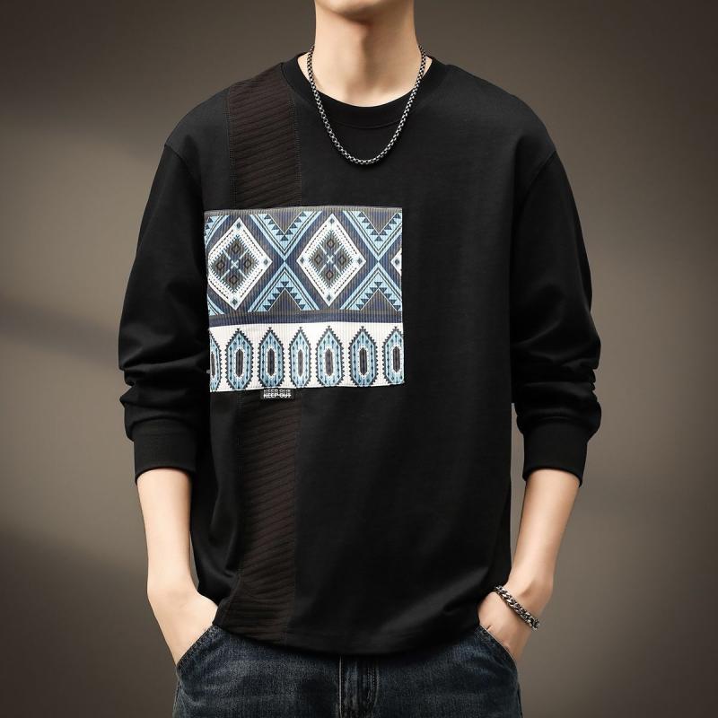 Tシャツ メンズ 男性用 長袖 クルーネック 丸首 純綿 切り替え 民族風 レトロ アンティーク調 高級感 薄手 ゆったり ルーズフィット インナー 重ね着 普段着 カジュアル トップス 春秋