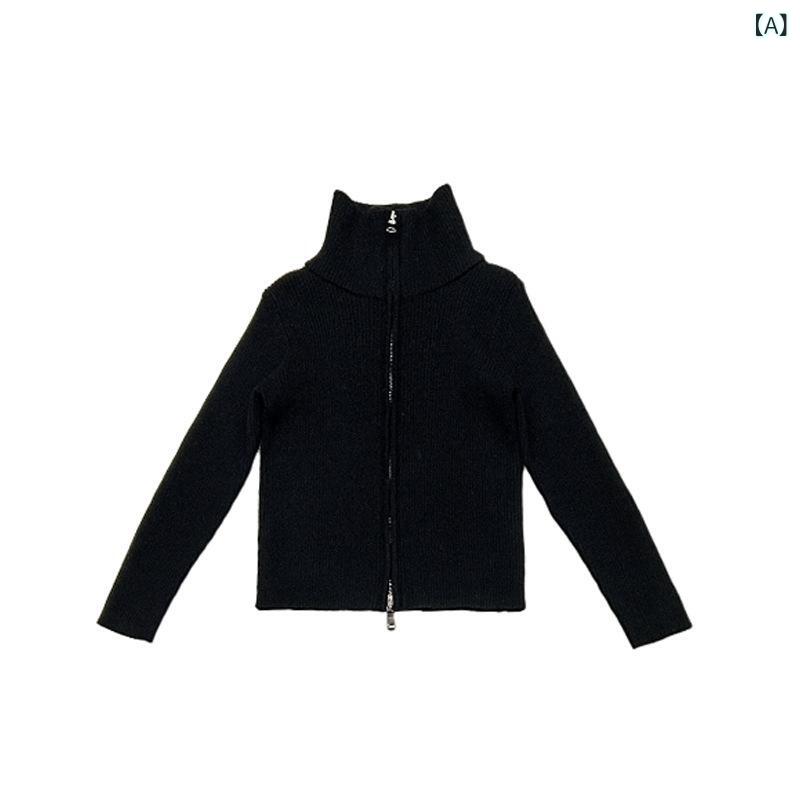 カーディガン 女の子 キッズ 秋冬 ダブルジップ ハイネック ニット 長袖 無地 韓国風 おしゃれ 着回し ..