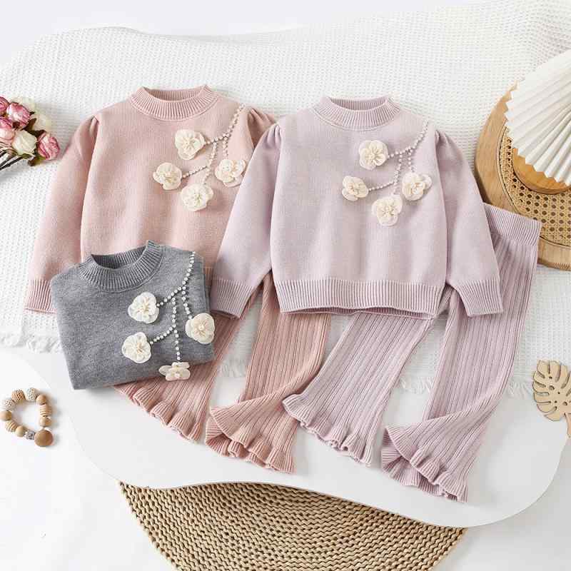 ニットセット 女の子 ベビー 立体フラワー パールビーズ ラウンドネック カーディガン 長袖 韓国風 か..