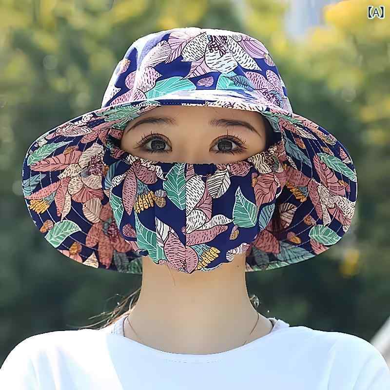 帽子 レディース 日よけ帽子 フェイスカバー 一体型 サンバイザー つば広 農作業 採茶 ガーデニング アウトドア 紫外線対策 接触冷感 吸汗速乾 首元ガード 防風 防虫 花柄