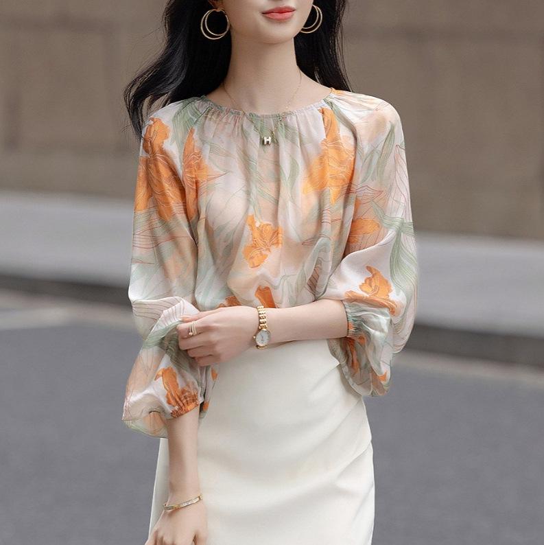 ブラウス レディース 春夏 花柄プリント シフォン ボリュームスリーブ 長袖 プルオーバー 体型カバー エレガント きれいめ 通勤 オフィス トップス 女性用