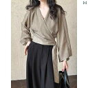 ブラウス レディース フレンチレトロ クロスVネック リボンデザイン 長袖 パフスリーブ アシンメトリー 切り替え プリント ミドル丈 ポリエステル 茶色 大人カジュアル 春夏