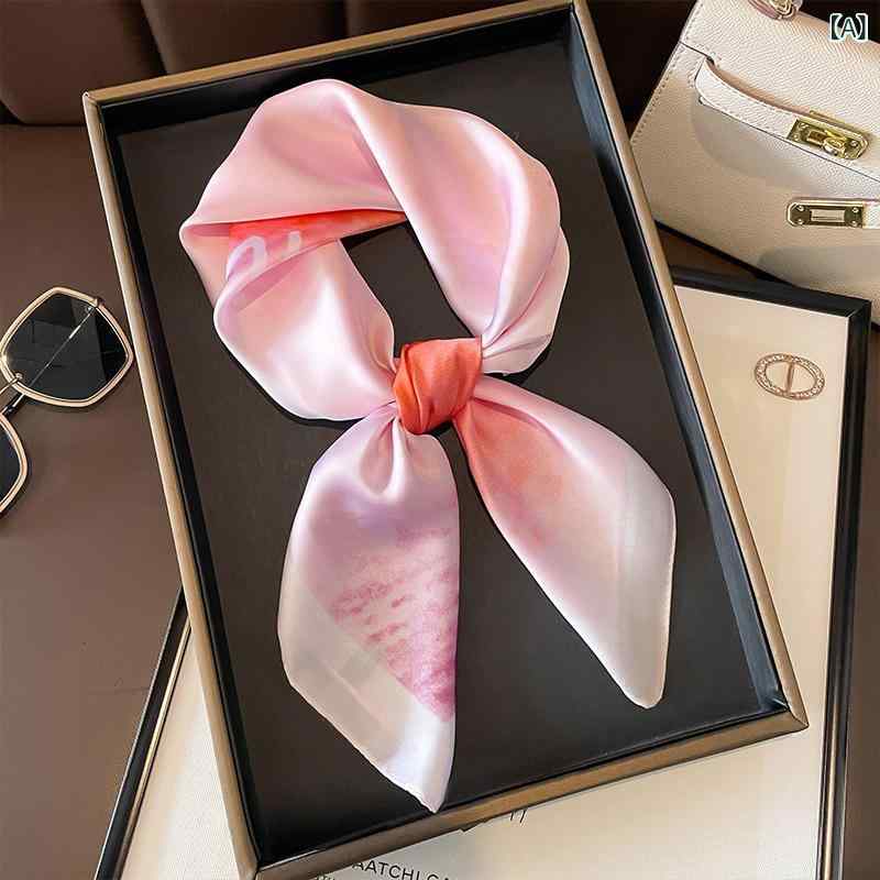 スカーフ レディース ピンク 70cm 正方形 小判 シルク調 サテン 薄手 軽量 プリント 花柄 ビジネス オフィス エレガント 上品 高級感 カジュアル 百搭 ヘアアクセサリー ネックカバー ストール ネッカチーフ 通年