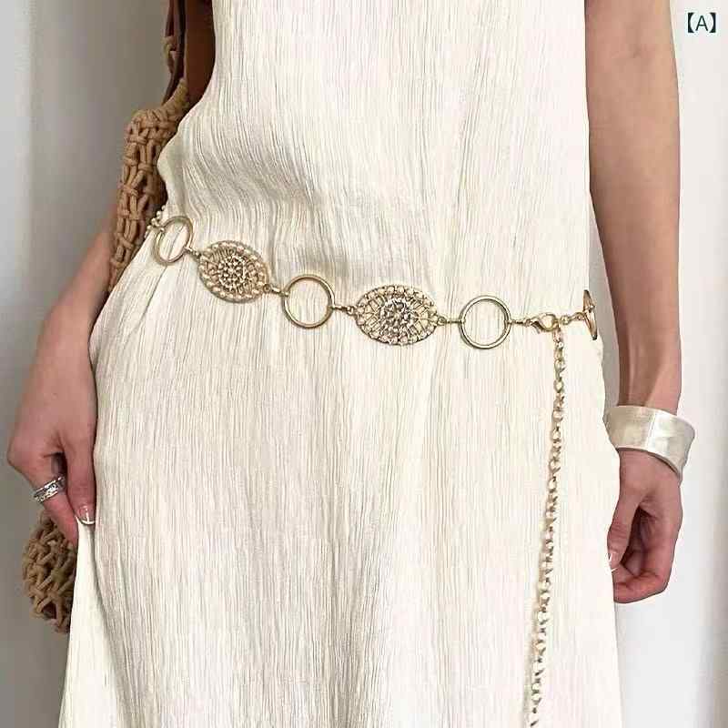 ウエストチェーン レディース ボヘミアン エスニック 民族風 透かし彫り 花 フラワー ベルト ワンピース ドレス スカート ウエストマーク スタイルアップ 金属 ゴールド シルバー 着回し おしゃれ(x2)