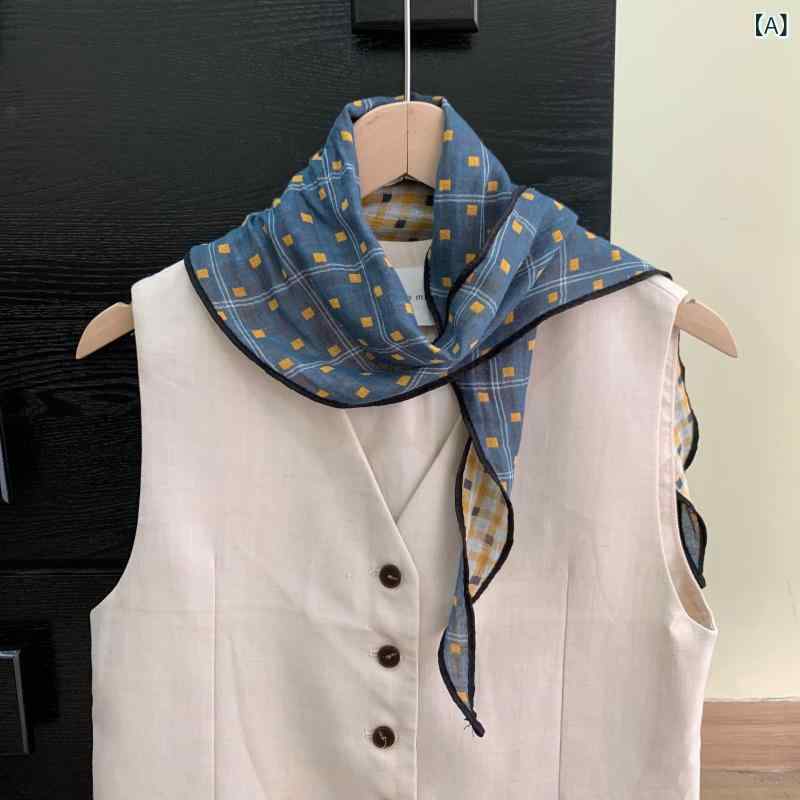 三角巾 レディース 両面 小格子柄 スカーフ チェック柄 綿麻 柔らか 肌触り快適 レトロ おしゃれ 万能 ..