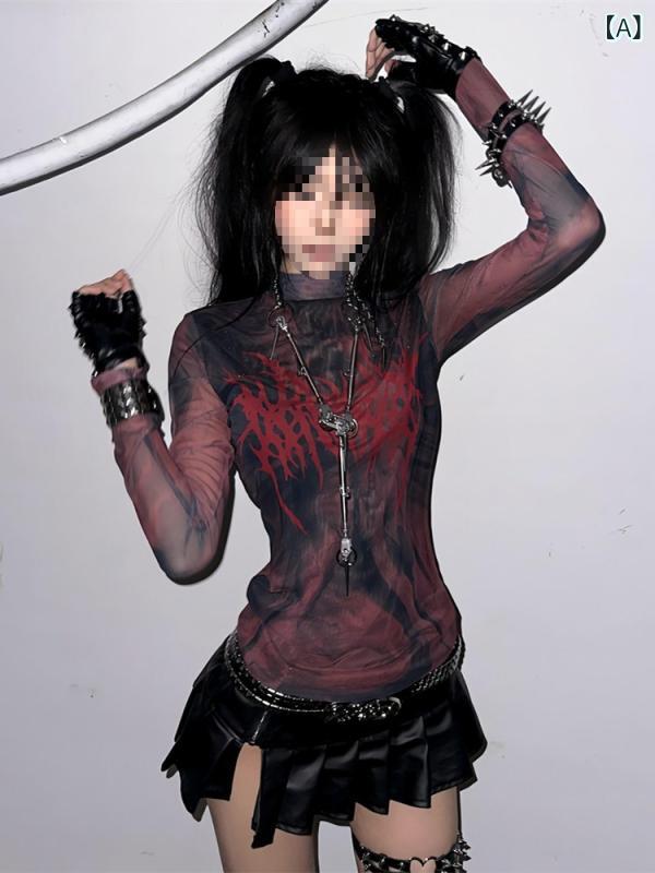 Tシャツ レディース アメリカンY2K サブカルチャー レトロ ミレニアムギャル パンクロック ストリート ゴシック プリント 幾何学模様 メッシュ シアー 長袖 スリムフィット ラウンドネック ポリエステル 春夏