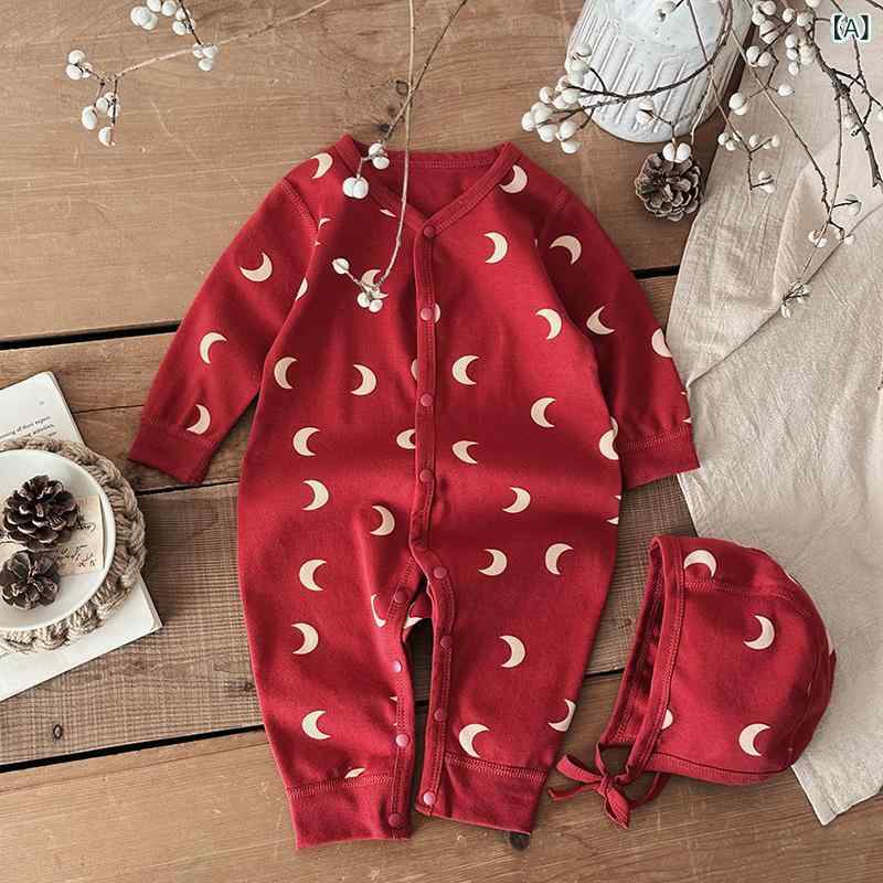 ロンパース ベビー 新生児 赤ちゃん 綿100% 長袖 無縫製 前開き スナップボタン カバーオール 赤 紺 オ..