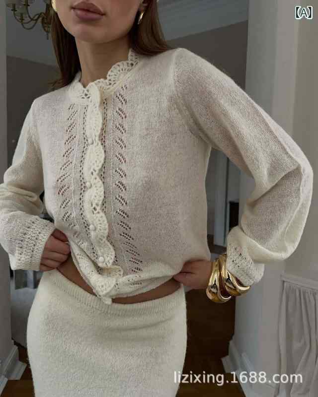 カーディガン レディース ラウンドネック 無地 綿混 アクリル混 ニットセーター レース 透かし編み 羽織り トップス 通勤 オフィス カジュアル 普段使い 春夏 オフホワイト アイボリー スリム タイト