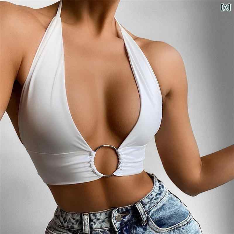 キャミソール レディース ホルターネック セクシー クロップド丈 ローカット スリムフィット 無地 インナー トップス ポリエステル ストレッチ 春夏
