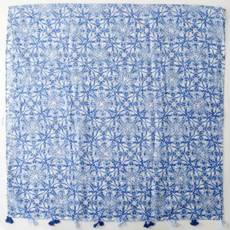 ショール スカーフ 大判 ボヘミアン エスニック柄 ブルー 青花柄 幾何学模様 フリンジ ポリエステル素..