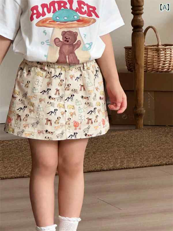 スカート キッズ 女の子 ガールズ 韓国風 カートゥーン柄 かわいい ミニ丈 Aライン ウエストゴム インナーパンツ付き 綿 コットン100% 夏 普段着 通園 通学(x2)