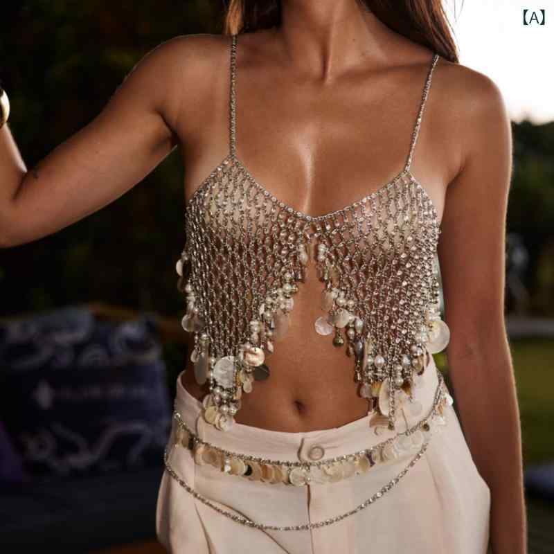 キャミソール レディース スパンコール フリンジ ボディチェーン トップス ネックレス 丸型リング 合金..