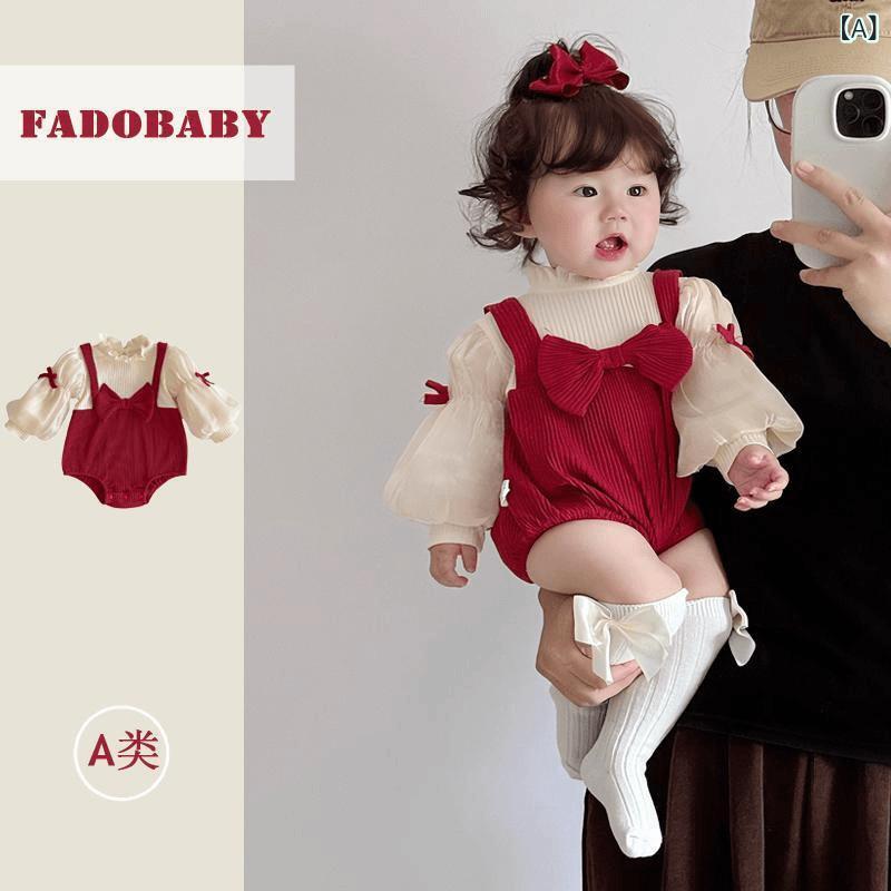 ベビー服 女の子 新生児 秋冬 赤いリボン パフスリーブ フェイクツーピース 重ね着風 ロンパース カバーオール お宮参り お食い初め お祝い 記念日 綿 コットン 薄手 カジュアル