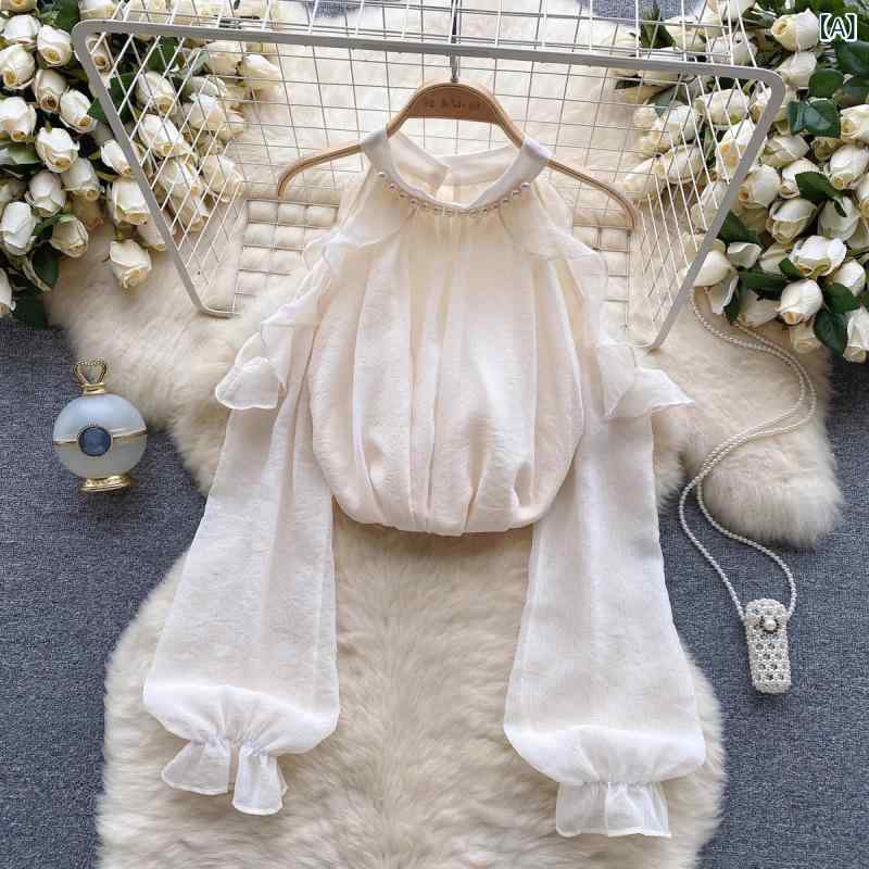 ブラウス レディース シフォン ホルターネック スタンドカラー 肩出し シースルー ビーズ装飾 長袖 フェミニン エレガント きれいめ 通勤 オフィス カジュアル 都会的 アプリコット ブラック 春(x2)