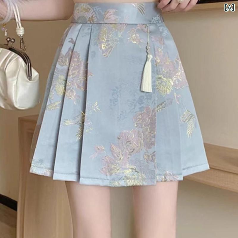 スカート レディース 新中華風 Aライン ミニ丈 ショート丈 ペチパンツ付き プリーツ 花柄 刺繍 上品 エレガント かわいい フェミニン ポリエステル 春夏 普段使い お出かけ デート ボトムス