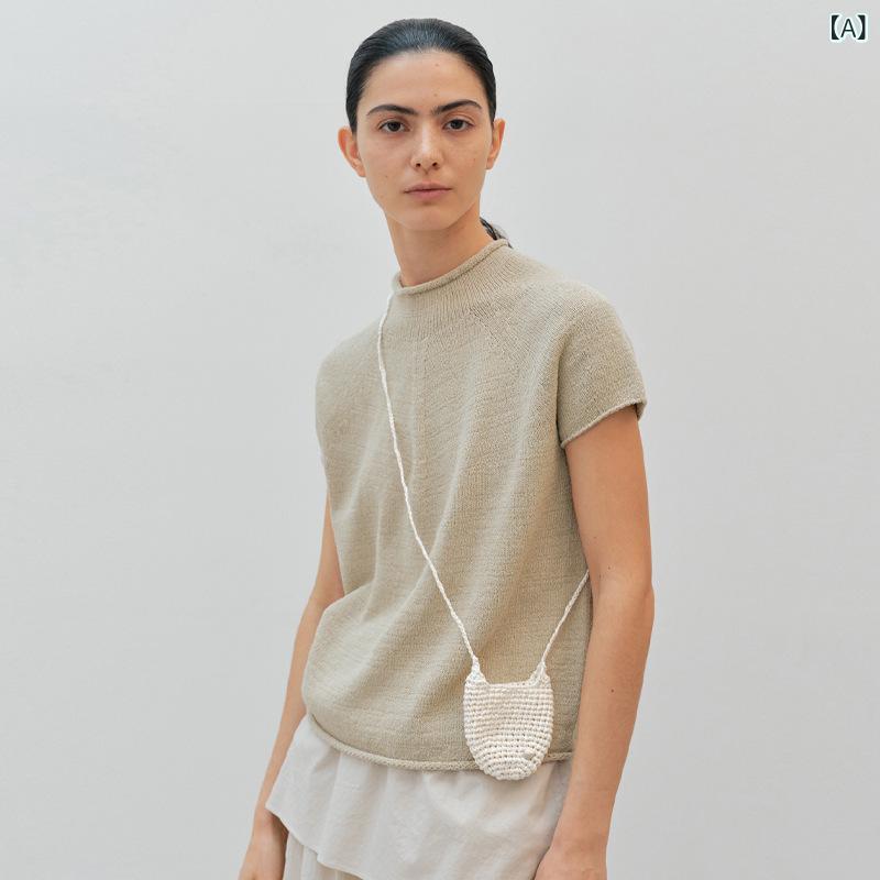 ニット レディース 半袖 Tシャツ トップス セーター 春夏 韓国デザイン 綿 コットン ドロップショルダー スタンドカラー ミドル丈 普通地 オフィス カジュアル 通勤 ライトグレー インディゴブルー