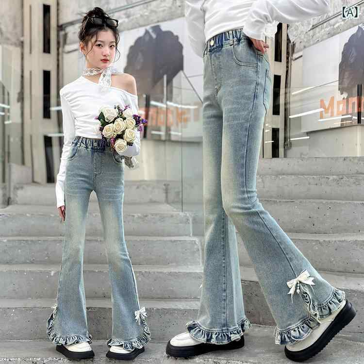 デニムパンツ 女の子 ガールズ キッズ リボン フリル フレアパンツ セミフレア ベルボトム ストレッチ ..