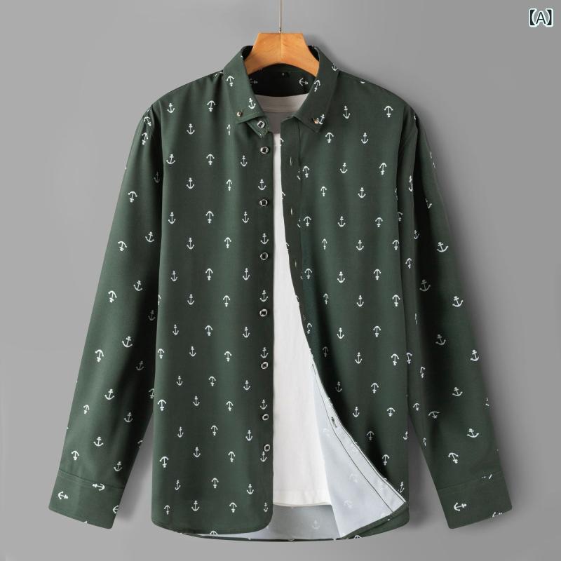 シャツ メンズ 春秋 長袖 スリムフィット 韓国風 アンカー柄 プリント 襟付き カジュアル ワイシャツ トップス ポリエステル 防シワ 形態安定 伸縮性 薄手 デイリーユース グリーン ブルー系