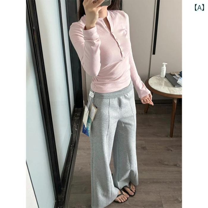 カットソー レディース 綿 コットン ヘンリーネック 長袖 パフスリーブ スリムフィット タイト 細身 ウエストマーク 着痩せ効果 高級感 インナー トップス ピンク パステルカラー 秋冬