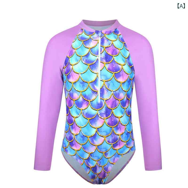 水着 キッズ 女の子 ガールズ ジュニア マーメイド 長袖 ワンピース UVカット 日焼け防止 ビーチ プー..