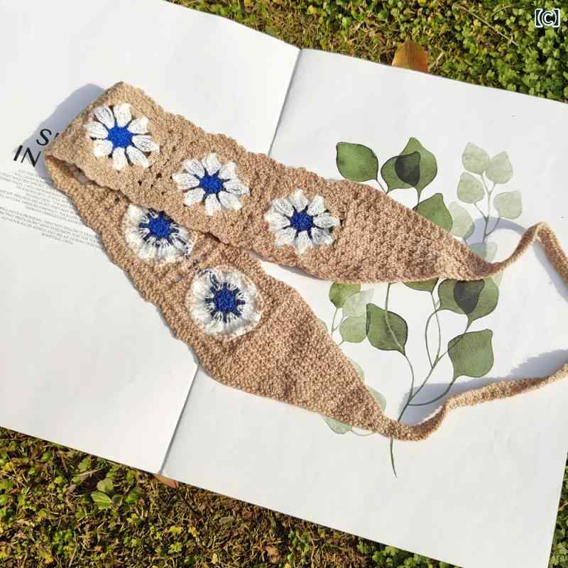 ヘアバンド レディース ニット かぎ編み デイジー フラワーモチーフ 幅広 ターバン ヘッドバンド 春夏 ボヘミアン ナチュラル カジュアル レトロ 普段使い 髪飾り