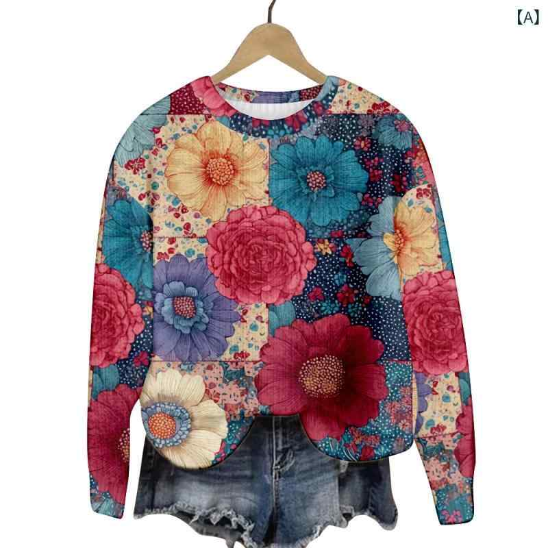 Rakuten - セーター レディース 長袖 クルーネック ニット プルオーバー ポリエステル タイダイ柄 花柄 3D立体柄 プリント カジュアル ストリート 普段使い 快適 秋冬 中厚手